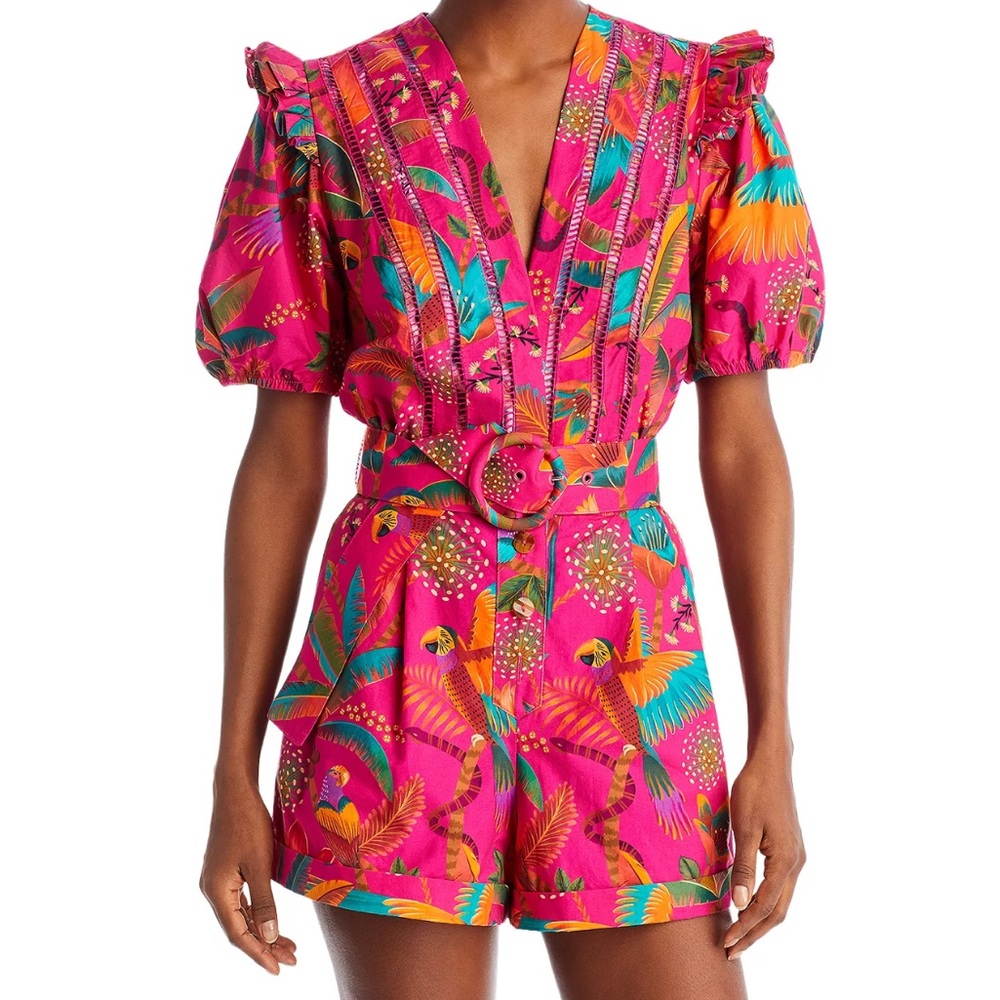 NWT Farm Rio Macaw belted puff sleeve romper in party pink size small!!